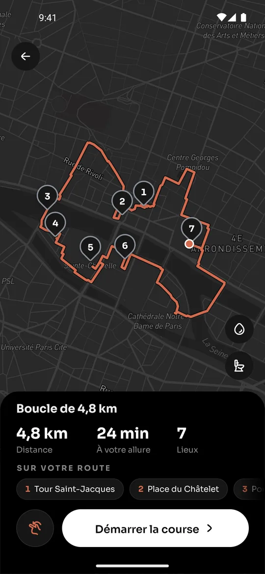 L'aperçu d'un parcours de course dans CULTURUN : 4,8 km, 24 minutes, 7 lieux, de la Tour Saint-Jacques à la Place du Châtelet